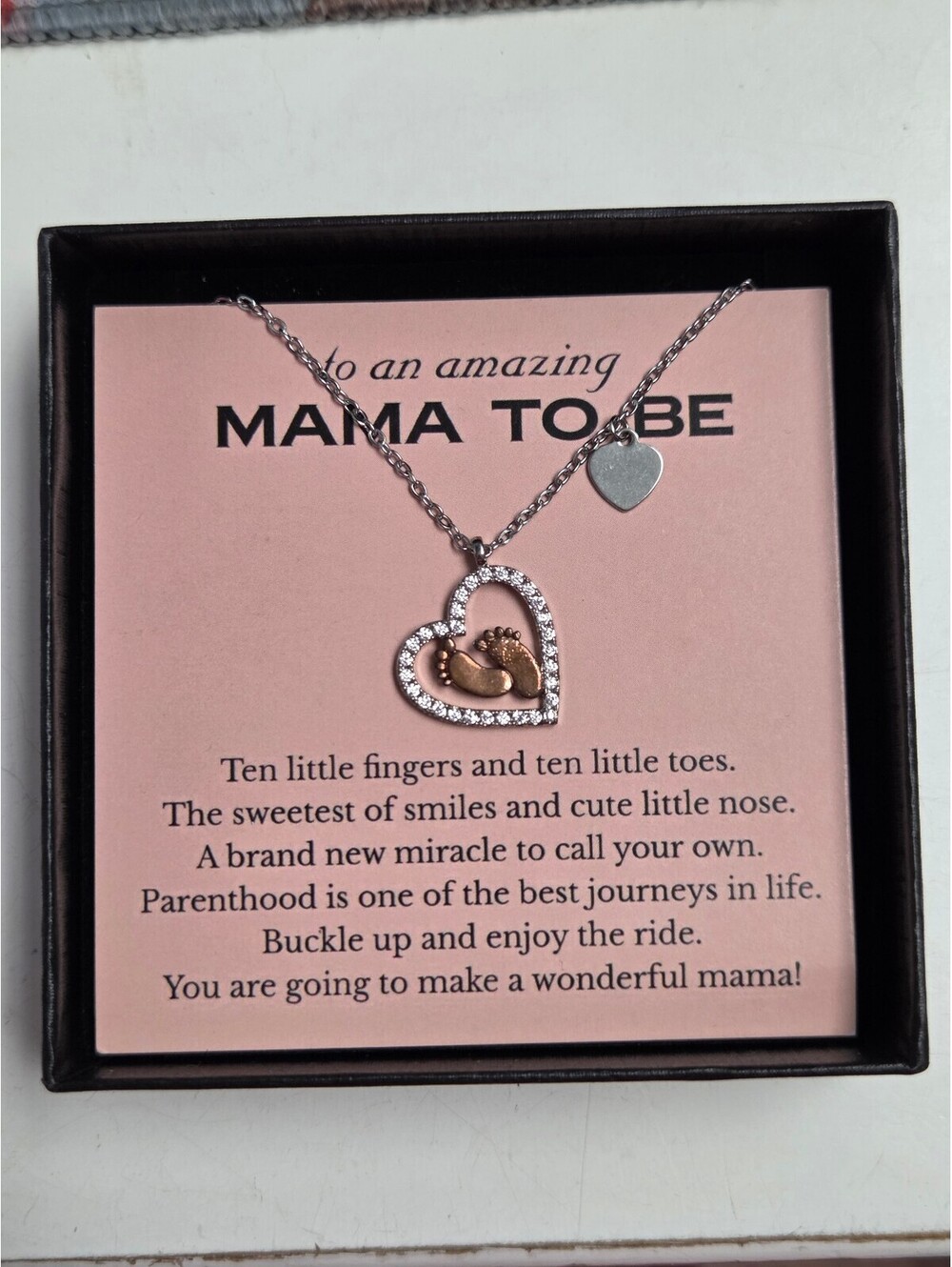 Mama To Be Heart Pendant Necklace with Baby Feet Charm